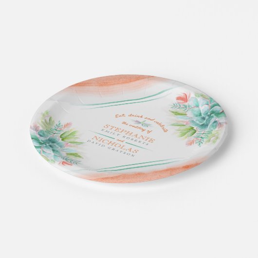 Assiettes En Carton Aquarelle Succulente vert orange plaques mariages (Angle)