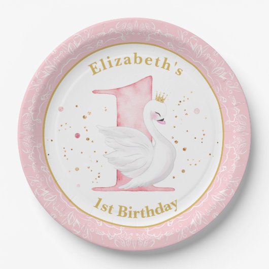 Assiettes En Carton Aquarelle Swan Princesse 1er Anniversaire Plaque P (Devant)
