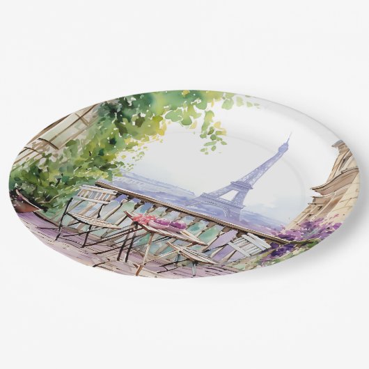 Assiettes En Carton Aquarelle Tour Eiffel Paris Café français (Angle)