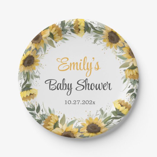 Assiettes En Carton Aquarelle Tournesol Vert Baby shower Papier P (Devant)
