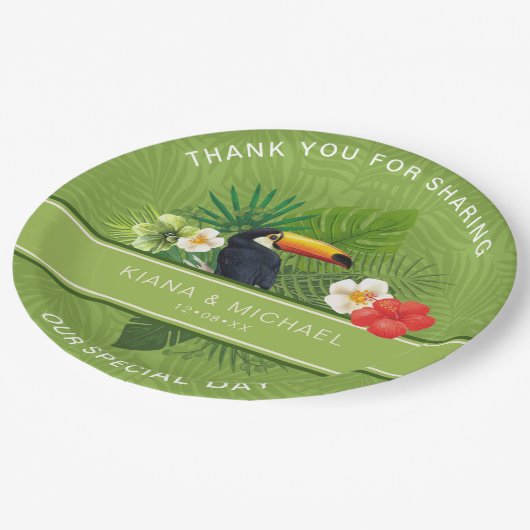Assiettes En Carton Aquarelle Tropical avec Merci Toucan Green ID577 (Angle)