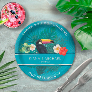 Assiettes En Carton Aquarelle Tropical avec Merci Toucan ID Turquoise5