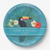 Assiettes En Carton Aquarelle Tropical avec Toucan Merci Teal ID577 (Devant)
