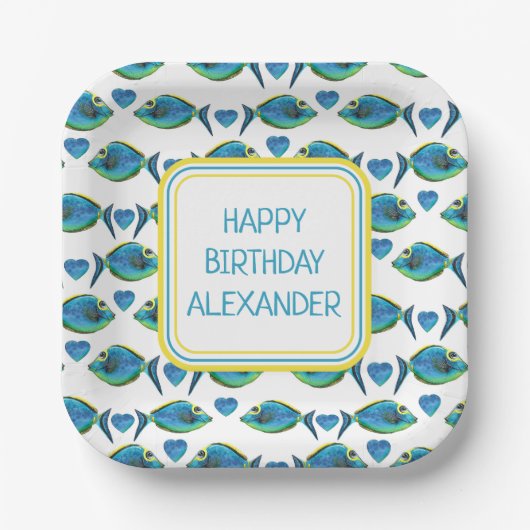 Assiettes En Carton Aquarelle Tropical Blue Fish and Hearts (Recto)