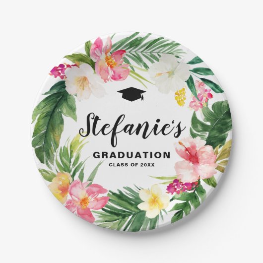 Assiettes En Carton Aquarelle Tropical Floral Wreath Graduation Luau (Devant)