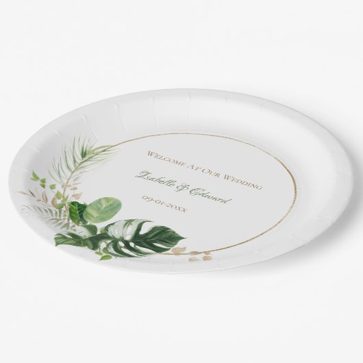 Assiettes En Carton Aquarelle Tropical Vert & Or Feuilles Palm (Angle)
