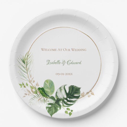 Assiettes En Carton Aquarelle Tropical Vert & Or Feuilles Palm (Devant)