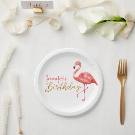 Assiettes En Carton Aquarelle tropicale Flamant rose Or Anniversaire | (Mariage)