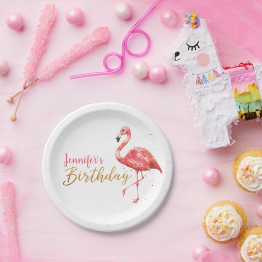 Assiettes En Carton Aquarelle tropicale Flamant rose Or Anniversaire | (Fête)