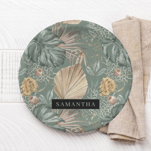 Assiettes En Carton Aquarelle Tropicale Gold & Green Feuille Motif