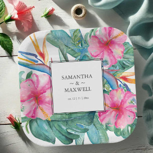 Assiettes En Carton Aquarelle tropicale Mariage florale avec noms