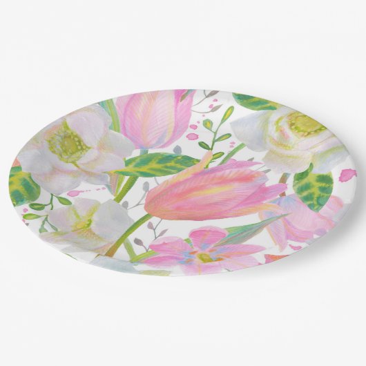 Assiettes En Carton Aquarelle Tulipe rose Motif Plaque papier (Angle)