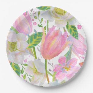 Assiettes En Carton Aquarelle Tulipe rose Motif Plaque papier