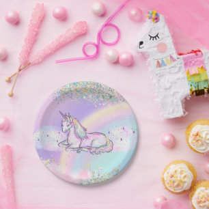 Assiettes En Carton Aquarelle Unicorn Jour magique Fille Anniversaire