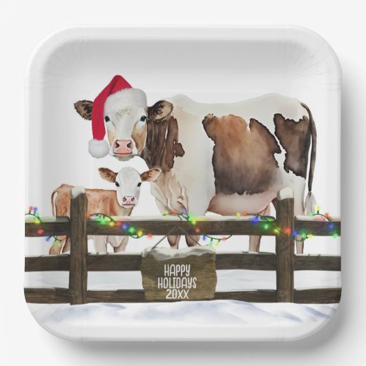 Assiettes En Carton Aquarelle Vaches de Noël avec chapeau de Père Noël (Recto)