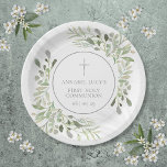 Assiettes En Carton Aquarelle Verdure Première Communion sainte<br><div class="desc">Doté de délicats feuilles d'aquarelle et d'une élégante croix argentée,  ce chic plateau de communion sainte neutre pour les hommes et les femmes peut être personnalisé avec vos informations spéciales sur l'événement. Conçu par Thisisnotme©</div>