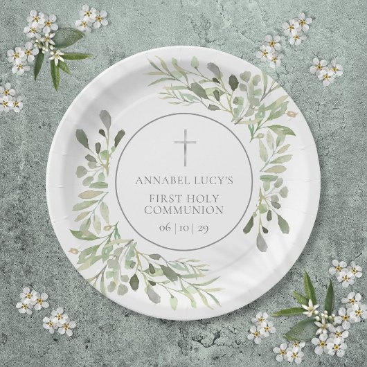 Assiettes En Carton Aquarelle Verdure Première Communion sainte