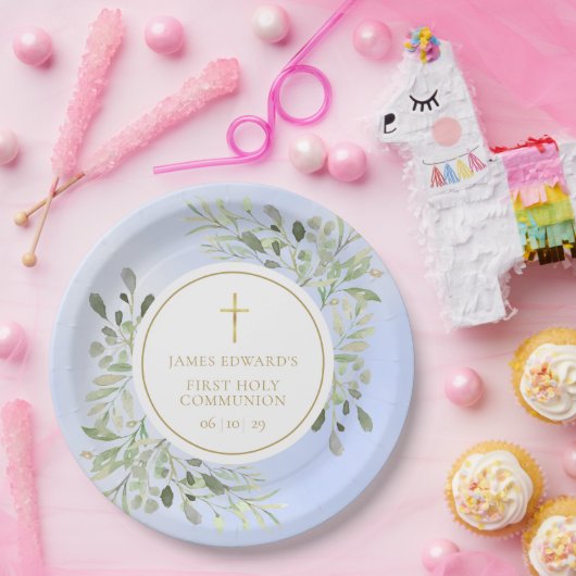 Assiettes En Carton Aquarelle Vert Bleu Première Sainte Communion (Fête)