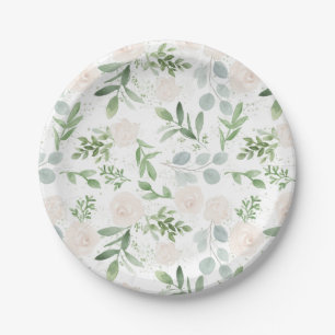 Assiettes En Carton Aquarelle vert et fleurs blanches Motif