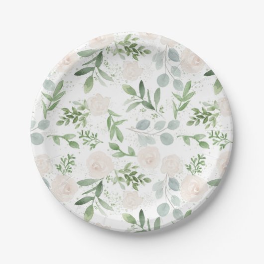 Assiettes En Carton Aquarelle vert et fleurs blanches Motif (Devant)