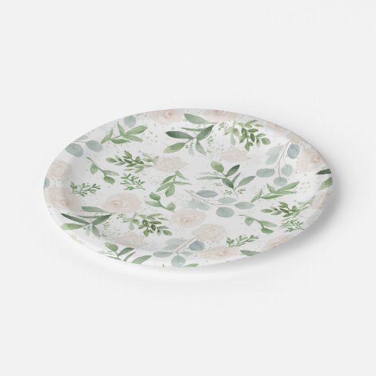 Assiettes En Carton Aquarelle vert et fleurs blanches Motif (Angle)