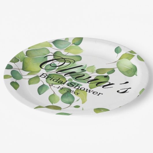 Assiettes En Carton Aquarelle vert eucalyptus feuillage vert (Angle)