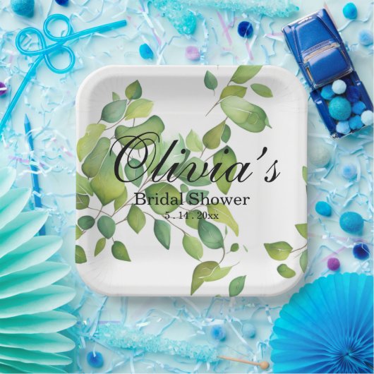 Assiettes En Carton Aquarelle vert eucalyptus feuillage vert (Fête)