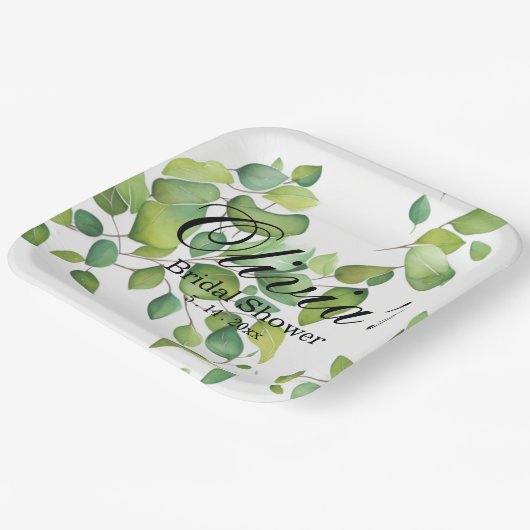Assiettes En Carton Aquarelle vert eucalyptus feuillage vert (Angulaire)