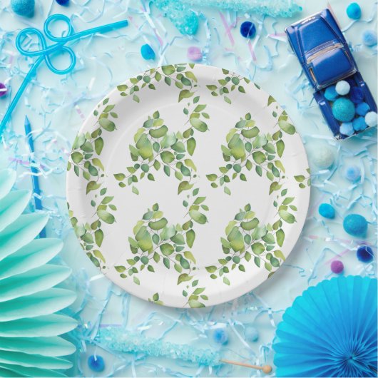 Assiettes En Carton Aquarelle vert eucalyptus feuillage vert (Fête)
