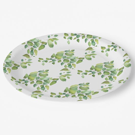Assiettes En Carton Aquarelle vert eucalyptus feuillage vert (Angle)