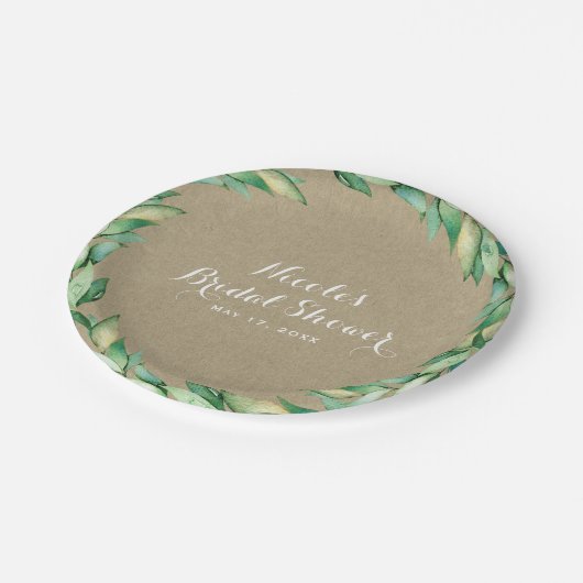 Assiettes En Carton Aquarelle Vert Feuille Rustique Mariage Kraft (Angle)