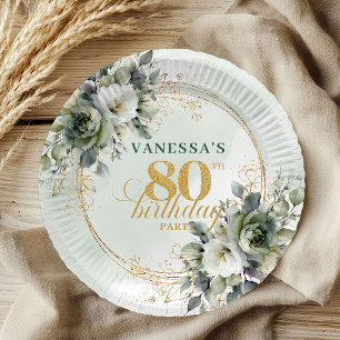 Assiettes En Carton Aquarelle Vert Poussiéreux 80e Anniversaire Botani
