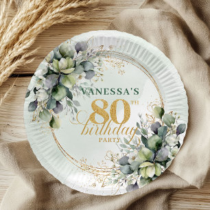Assiettes En Carton Aquarelle Vert Poussiéreux 80e Anniversaire Botani