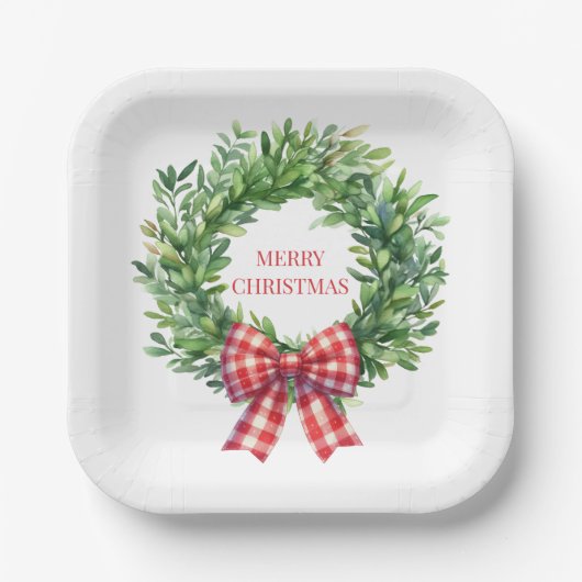 Assiettes En Carton Aquarelle Verte Avec Bow En vichy Rouge (Recto)