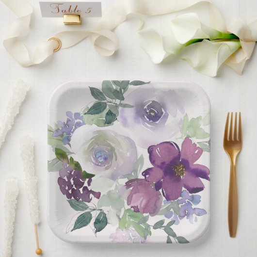 Assiettes En Carton Aquarelle violet et fleurs lavande (Mariage)
