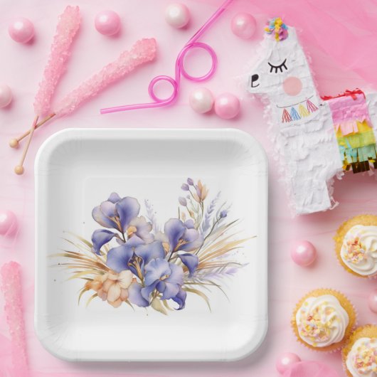 Assiettes En Carton Aquarelle violet Iris Bouquet (Fête)