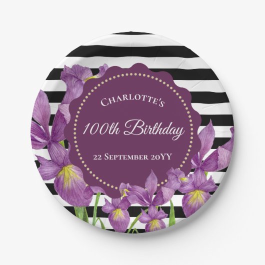 Assiettes En Carton Aquarelle violet Iris Floral Noir Blancs (Devant)