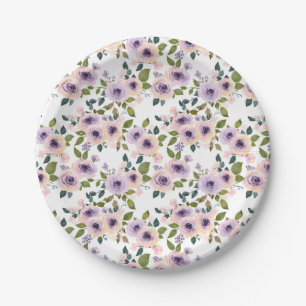 Assiettes En Carton Aquarelle violet Rose motif floral 