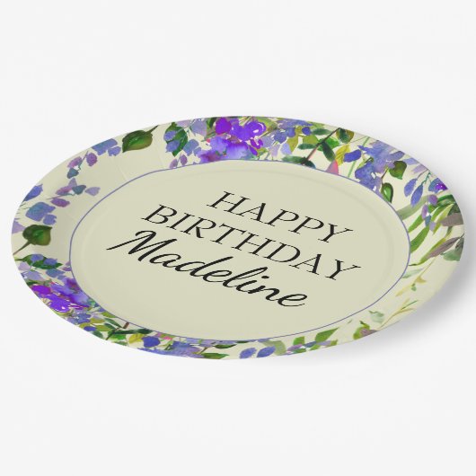 Assiettes En Carton Aquarelle violette Floral Jaune fête d'anniversair (Angle)