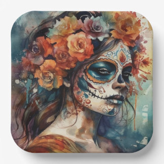 Assiettes En Carton Aquarelle vive Dia de los Muertos Catrina