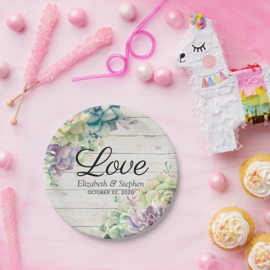 Assiettes En Carton Aquarelle wedding shower Succulents Bois rustique (Fête)