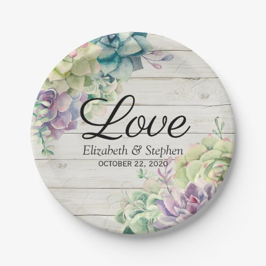 Assiettes En Carton Aquarelle wedding shower Succulents Bois rustique (Devant)
