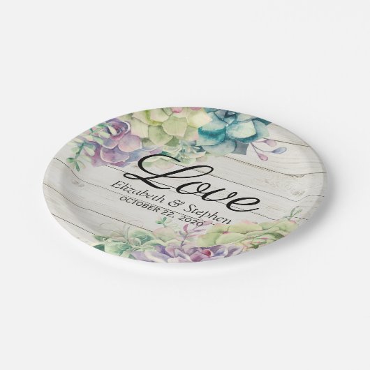 Assiettes En Carton Aquarelle wedding shower Succulents Bois rustique (Angle)