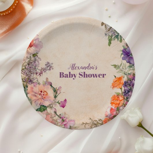 Assiettes En Carton Aquarelle Whimsical Baby shower Floral