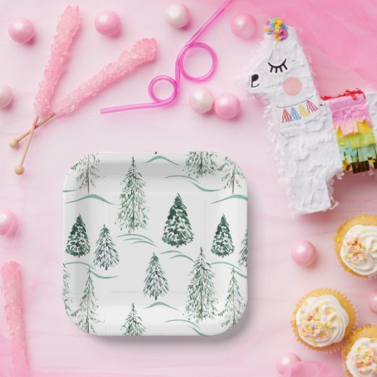 Assiettes En Carton Aquarelles de Noël. Forêt d'hiver. (Fête)