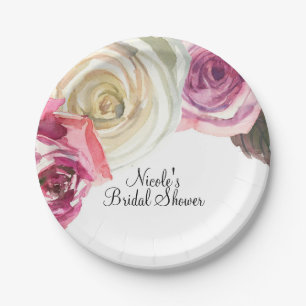 Assiettes En Carton Aquarelles Roses Roses et Blanc Élégant Shower de