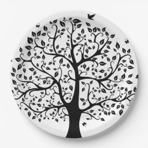 Assiettes En Carton Arbre à vie noire et blanche
