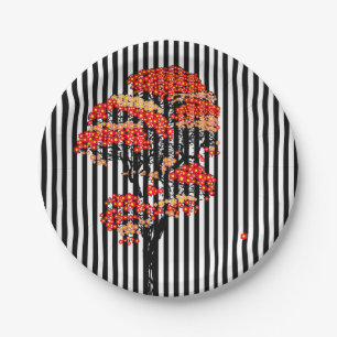Assiettes En Carton Arbre de fleurs AI sur bande verticale noire et bl
