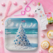 Assiettes En Carton Arbre de Noël américain patriotique sur une plage (Fête)