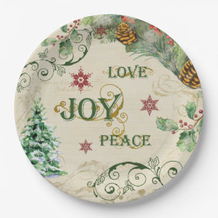 Assiettes En Carton Arbre de Noël Amour Joie Paix Holly Typographie Ar